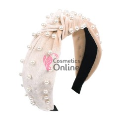 Bentita deosebita pentru par din catifea cu Perle Albe BTP028A - Crem